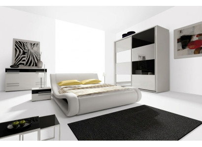 Disegna la camera da letto con set completi di armadio, letto, cassettiera, comodino moderno.