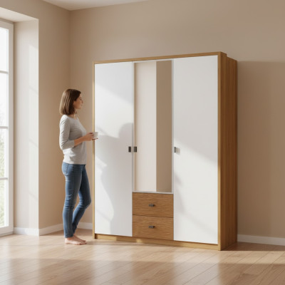 Design Armadio camera da letto Armadio in legno moderno a tre ante con specchio.