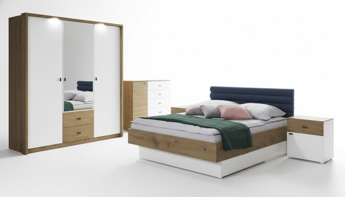 Set da camera da letto con letto e due comodini, struttura classica per letto, design mobili 3 pezzi