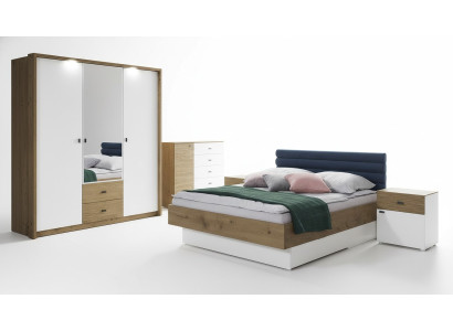 Set da camera da letto con letto e due comodini, struttura classica per letto, design mobili 3 pezzi