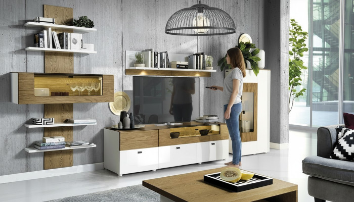 Set parete soggiorno moderno con vetrine, libreria, armadio, salotto stile barocco.