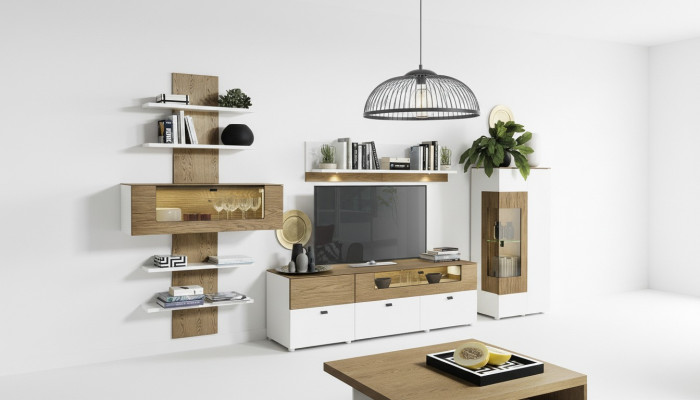 Set parete soggiorno moderno con vetrine, libreria, armadio, salotto stile barocco.