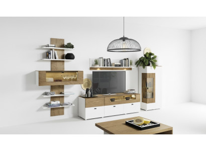Set parete soggiorno moderno con vetrine, libreria, armadio, salotto stile barocco.
