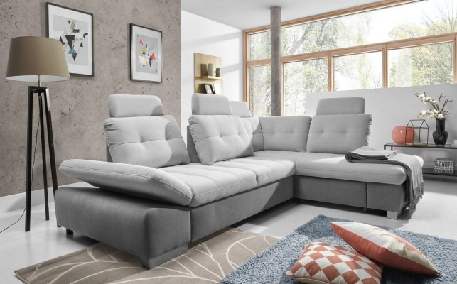 Divano a L in tessuto per il soggiorno con funzione letto, angolare.