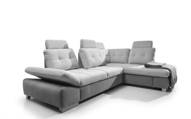 Divano a L in tessuto per il soggiorno con funzione letto, angolare.
