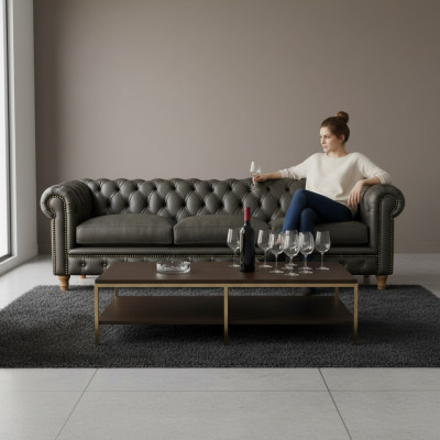 Design Divano in Pelle Chesterfield - Tre posti Imbottito 240cm Nuovo