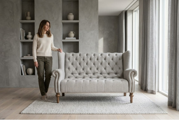 Chesterfield Divano Sofa Imbottito Tessuto Pelle Divani Set 2 Posti