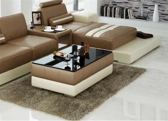 Tavolino design in pelle per salotto con piano in vetro da caffè decorativo.