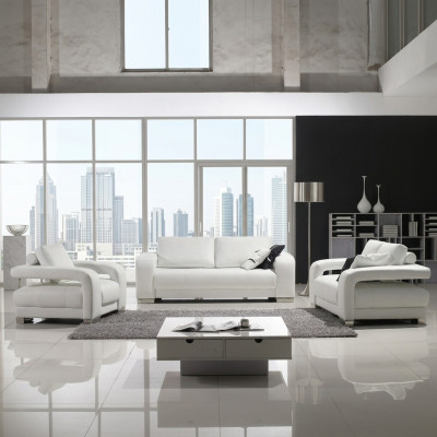 Set divani di design in pelle con divani e poltrone 3 posti.
