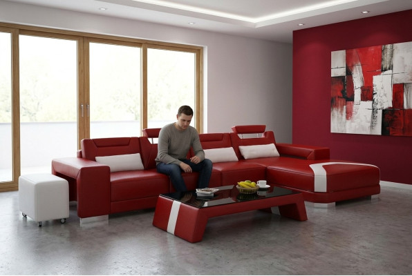 Set di mobili per il soggiorno, completo, 3 pezzi. Divano ad angolo, divano, pouf, tavolo.