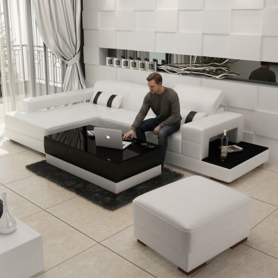 Divano d'angolo in pelle con pouf, divano a L con imbottitura e pouf.