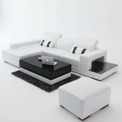 Divano d'angolo in pelle con pouf, divano a L con imbottitura e pouf.