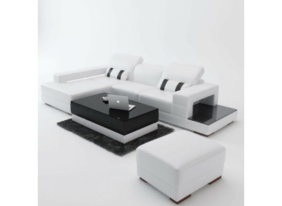 Divano d'angolo in pelle con pouf, divano a L con imbottitura e pouf.