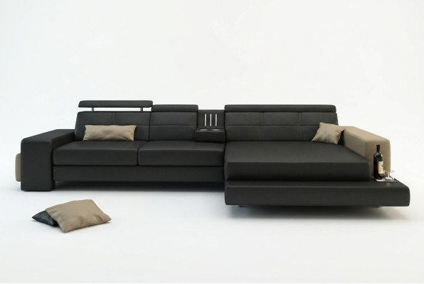 Set divano angolare di design con pouf per soggiorno imbottito.
