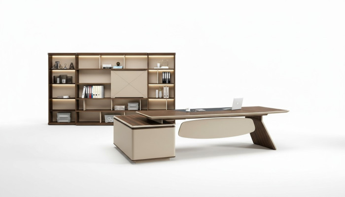 Arredamento per ufficio, set 2 pezzi. Tavolo da capo, armadio per documenti, scrivania, tavoli, scaffale.
