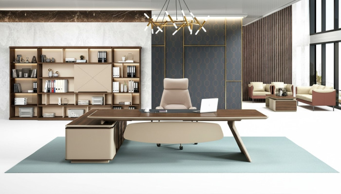 Scrivania elegante e grande armadio per ufficio dal design contemporaneo