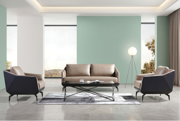 Divano a 3 posti + due poltrone, set di divani di design in pelle imbottita moderna.