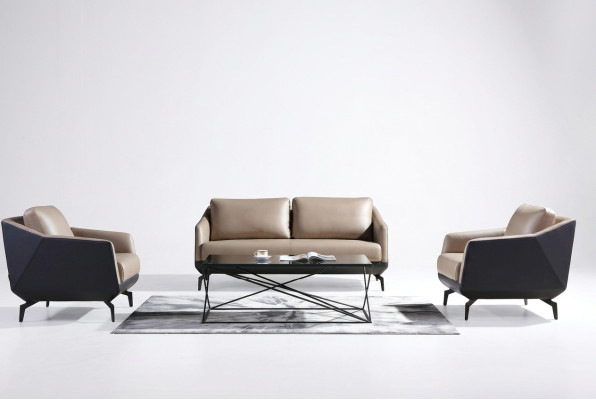 Divano a 3 posti + due poltrone, set di divani di design in pelle imbottita moderna.