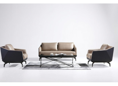 Divano a 3 posti + due poltrone, set di divani di design in pelle imbottita moderna.