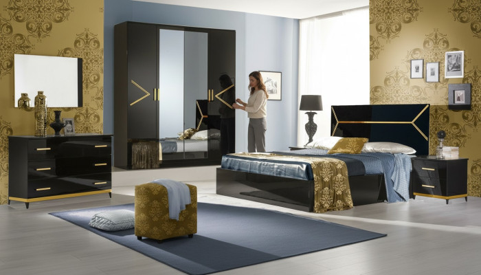 Set da camera da letto classico in stile moderno di lusso, letto 6 pezzi. Comò in legno.