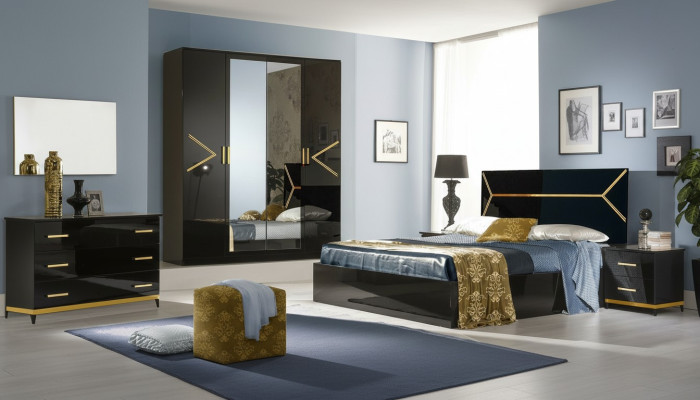 Set da camera da letto classico in stile moderno di lusso, letto 6 pezzi. Comò in legno.