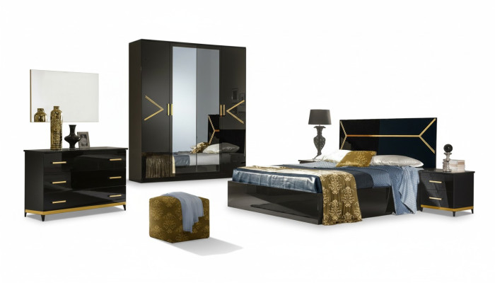 Set da camera da letto classico in stile moderno di lusso, letto 6 pezzi. Comò in legno.