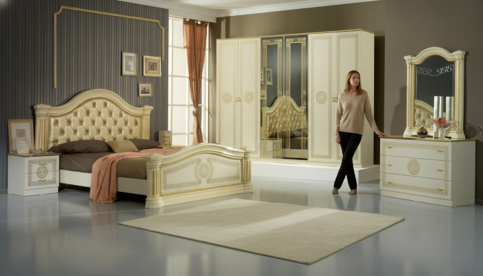 Camera da letto Chesterfield in pelle, set di mobili design 6 pezzi con comodini e cassettiera.