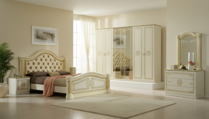 Camera da letto Chesterfield in pelle, set di mobili design 6 pezzi con comodini e cassettiera.