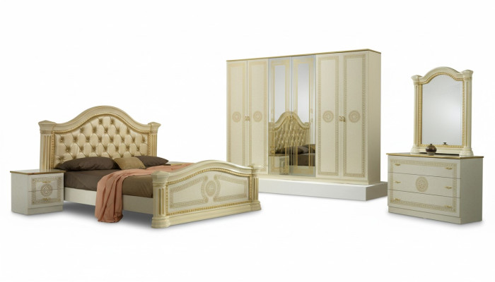 Camera da letto Chesterfield in pelle, set di mobili design 6 pezzi con comodini e cassettiera.