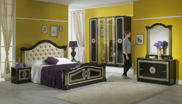 Set da camera da letto stile moderno con letto, comodino, cassettiera. Mobili per letto, gruppo di 6 pezzi nuovo.