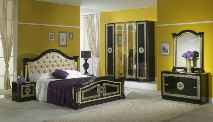 Set da camera da letto stile moderno con letto, comodino, cassettiera. Mobili per letto, gruppo di 6 pezzi nuovo.
