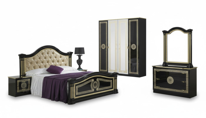 Set da camera da letto stile moderno con letto, comodino, cassettiera. Mobili per letto, gruppo di 6 pezzi nuovo.