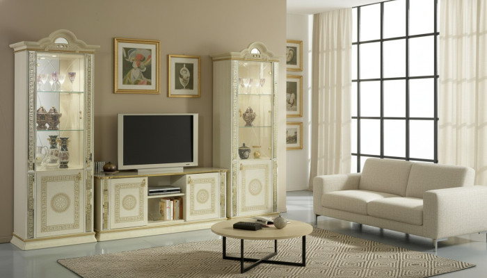 Mobile componibile classico per soggiorno, armadio, credenza, 2 vetrine, mobile basso.