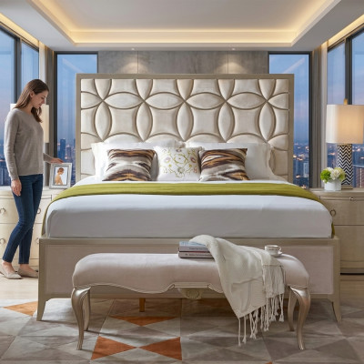 Letto matrimoniale imbottito design tessile in pelle in camera da letto