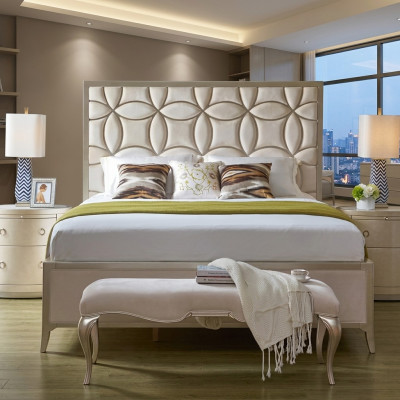 Letto matrimoniale imbottito design tessile in pelle in camera da letto