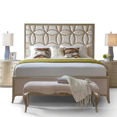 Letto matrimoniale imbottito design tessile in pelle in camera da letto