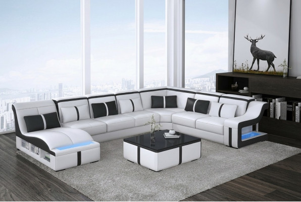 Divano angolare a forma di U con illuminazione in pelle, tessuto, divano nuovo con struttura abitativa a LED.
