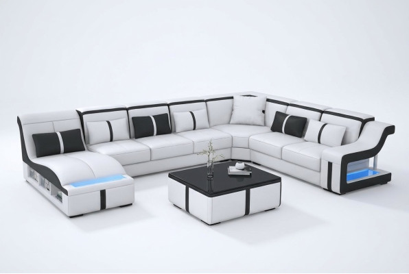 Divano angolare a forma di U con illuminazione in pelle, tessuto, divano nuovo con struttura abitativa a LED.
