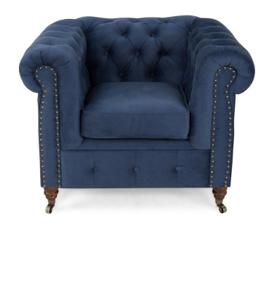 Poltrona design monoposto in pelle blu e tessuto, lussuoso divano da club loungese Chesterfield.