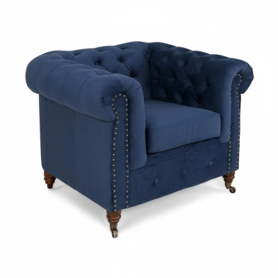 Poltrona design monoposto in pelle blu e tessuto, lussuoso divano da club loungese Chesterfield.