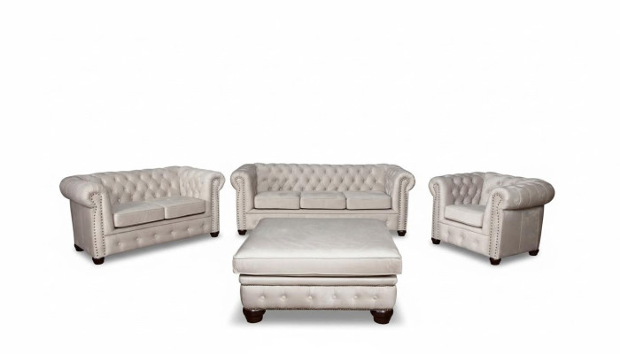 Chesterfield Set divano sofà 321+ pouf seduta imbottita tessuto.