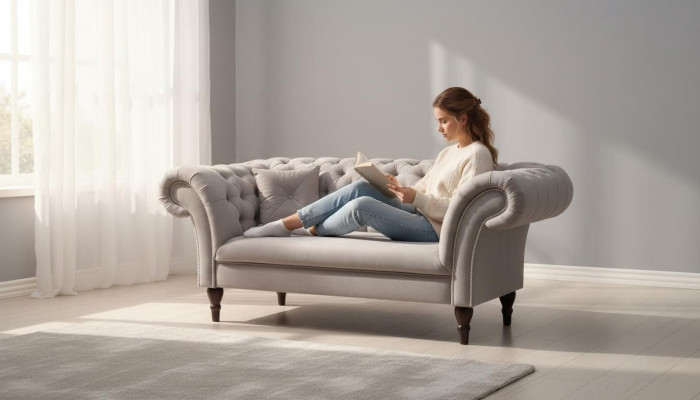 Nuovo divano Chesterfield imbottito a due posti in stoffa.