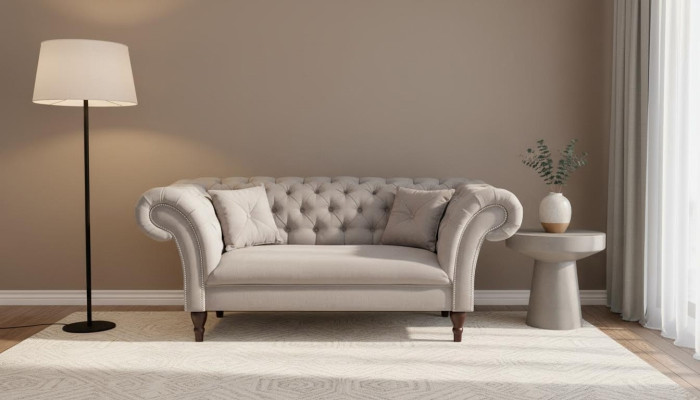 Nuovo divano Chesterfield imbottito a due posti in stoffa.