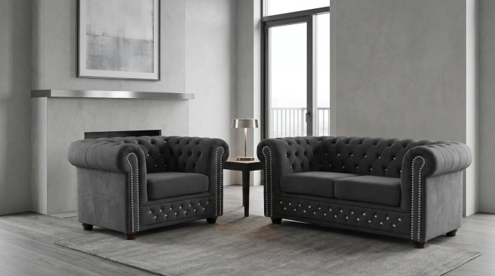 Chesterfield Tessuto Divano Imbottito 2 Posti Tessuto Divani Divano Due Posti Nero
