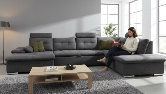 Divano a forma di L per soggiorno, divano componibile in tessuto, funzione letto dei divani