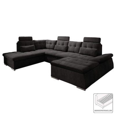 Divano ad angolo a forma di U, design moderno con rivestimento in tessuto, con vano contenitore e funzione letto.