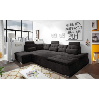 Divano ad angolo a forma di U, design moderno con rivestimento in tessuto, con vano contenitore e funzione letto.