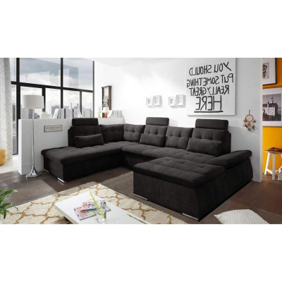 Divano ad angolo a forma di U, design moderno con rivestimento in tessuto, con vano contenitore e funzione letto.