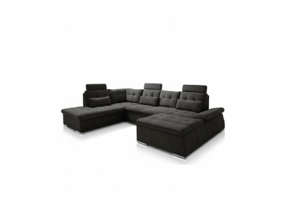 Divano ad angolo a forma di U, design moderno con rivestimento in tessuto, con vano contenitore e funzione letto.