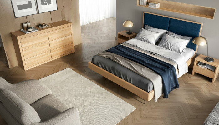 Camera da letto Set 4 pezzi. Letto 2 comodini e cassettiera in legno massiccio nuovo.